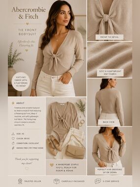 Abercrombie & Fitch Beige Tie-Front Long Sleeve Bodysuit